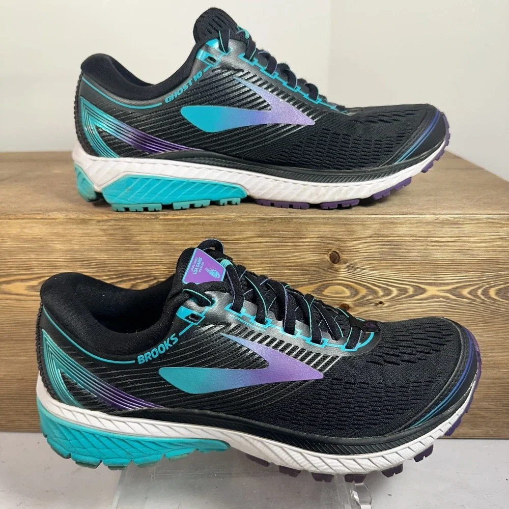 Brooks Ghost 10 Running Shoes Women 8.5 Black Blue Purple Athletic Mesh Sporty